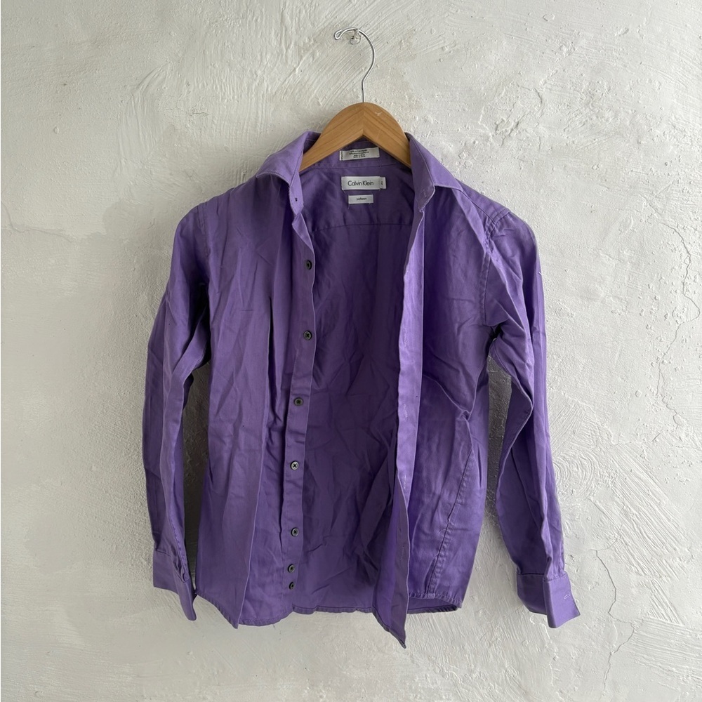 Calvin Klein Button Up Shirt boys Size 12 purple Sateen Cotton Long Sleeve